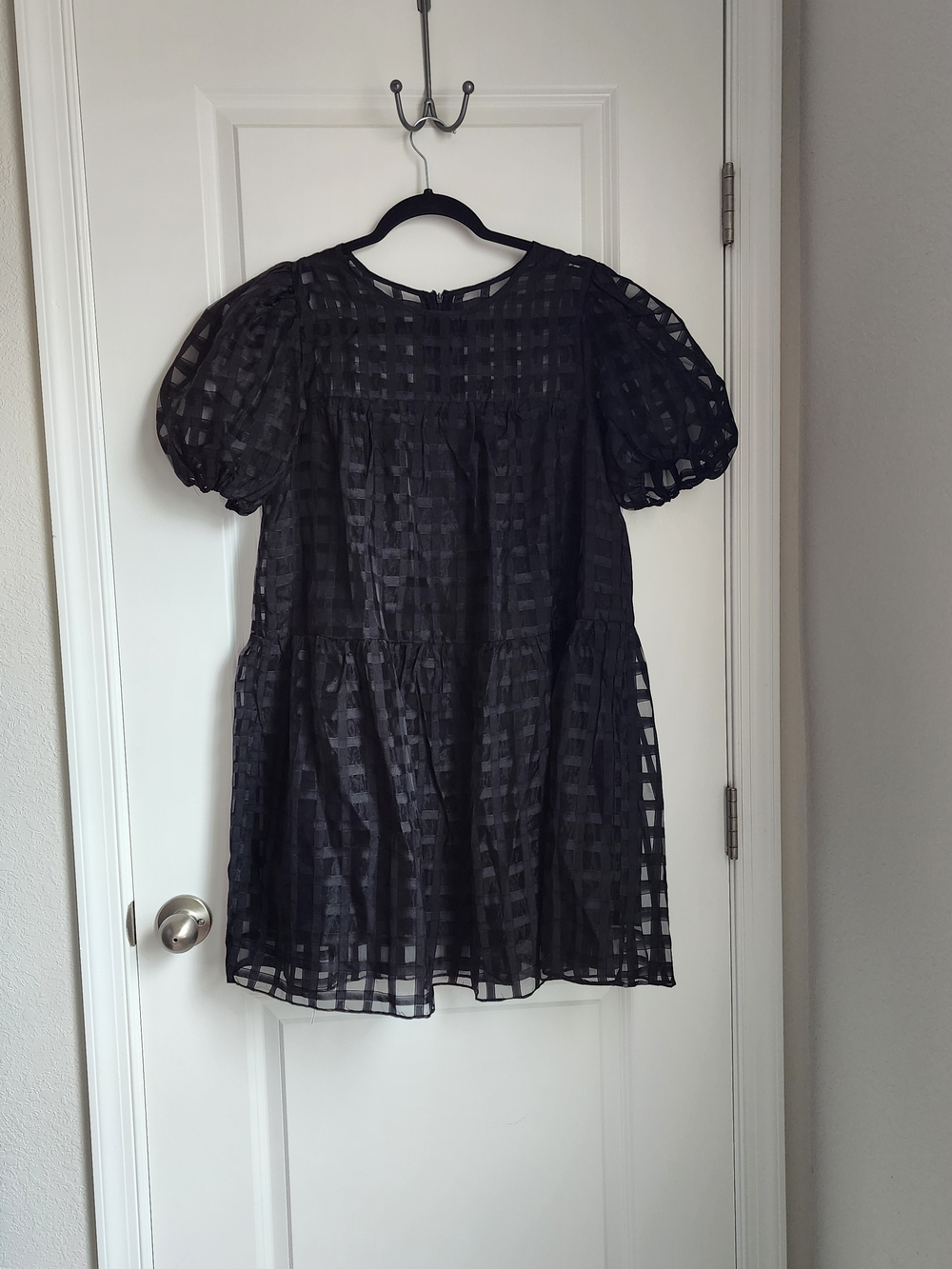 English Factory Black Sheer Grid Puff Sleeve Mini Dress